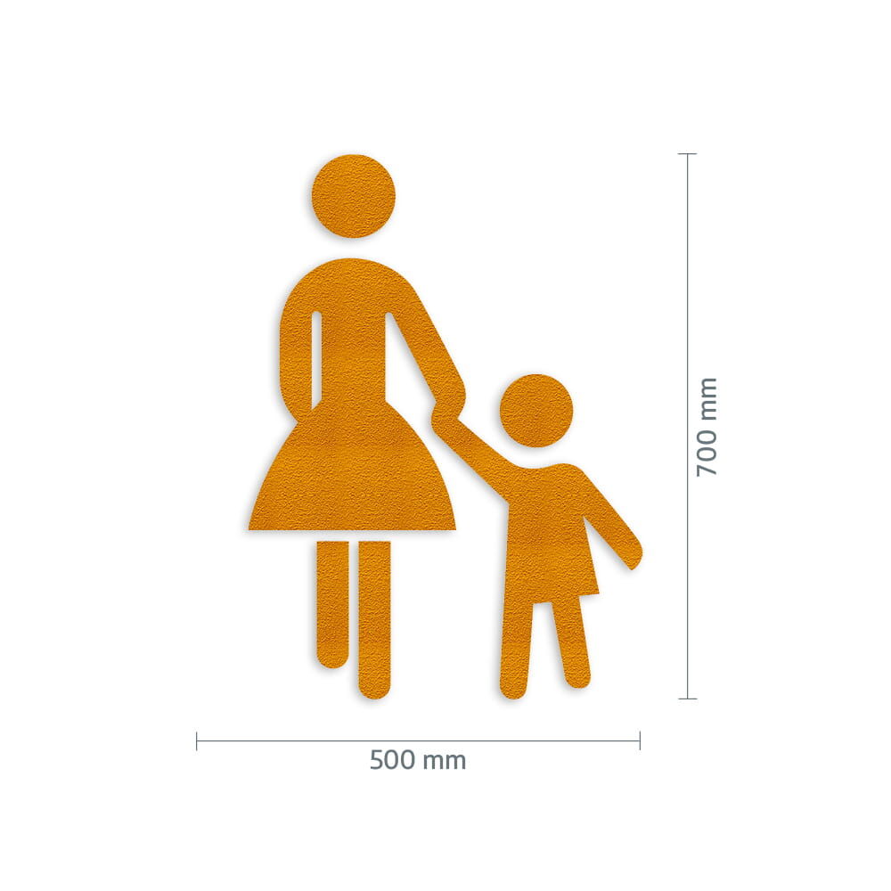 Gelbes Mutter-Kind Piktogramm mit Bemaßung 700 × 500 mm zur Größenangabe