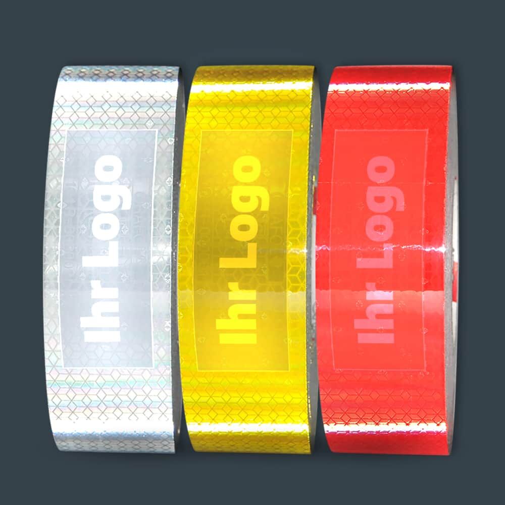 Drei ORALITE VC104+RG Rollen für individuelle Logos, Reflexwirkung in Dunkelheit
