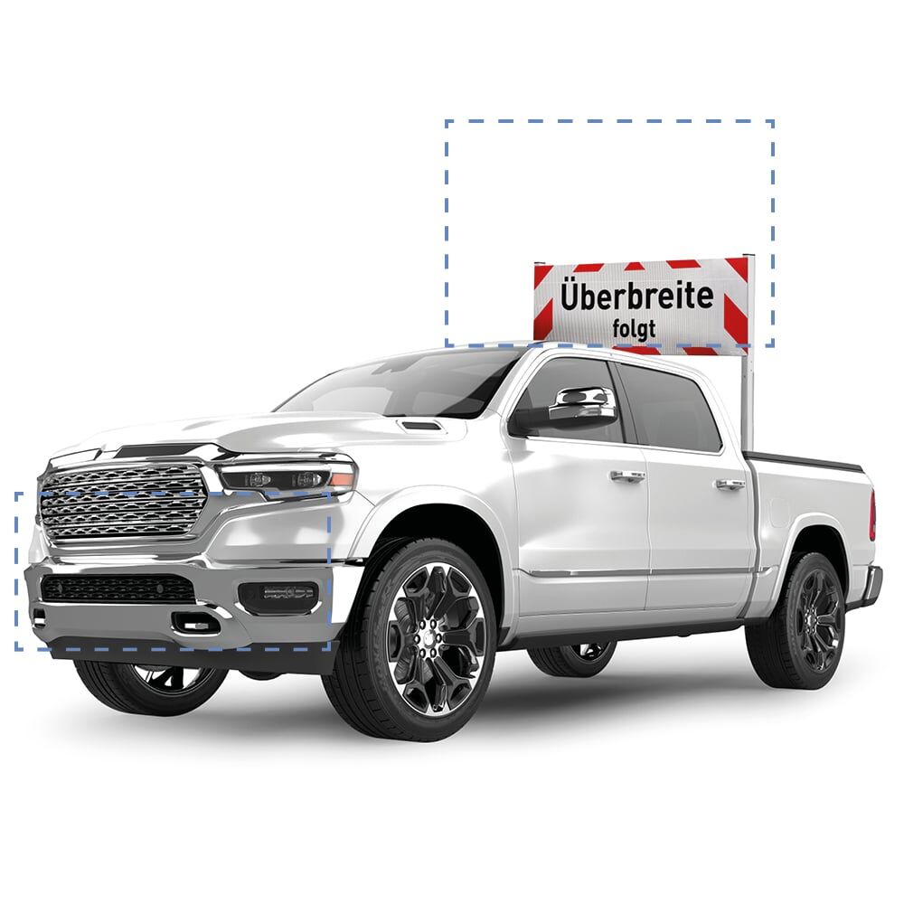 Montagebeispiel: Schild „Überbreite folgt“ am Fahrzeug