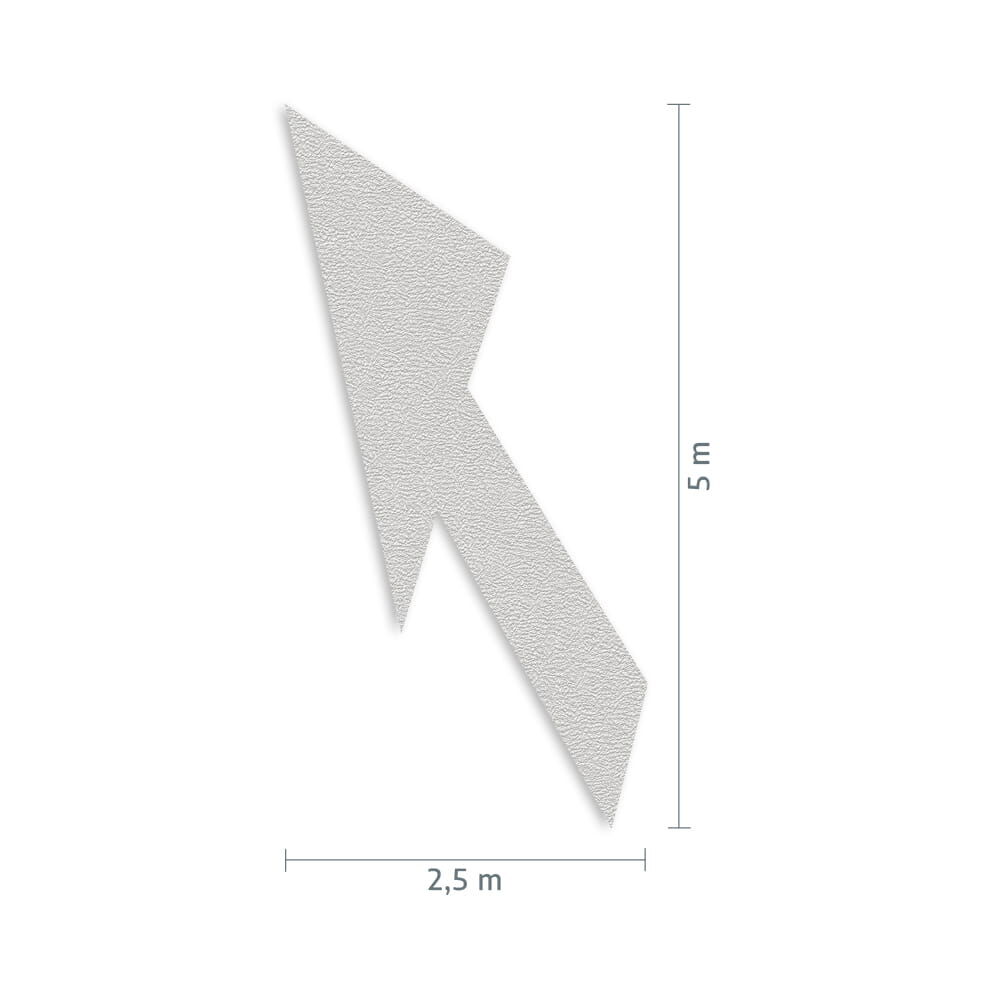 Maßgrafik des Pfeils: Breite 2,5 m, Höhe 5 m, Verkehrsklasse P6 in weiß