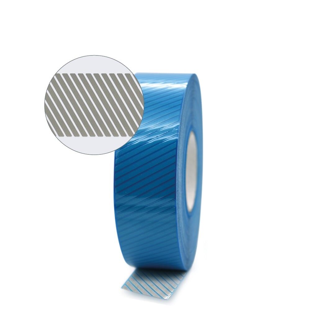 Frontale Ansicht 100 m 3M Scotchlite 5510 Rolle, silber mit blauem Liner. Detailzoom mit Segmenten