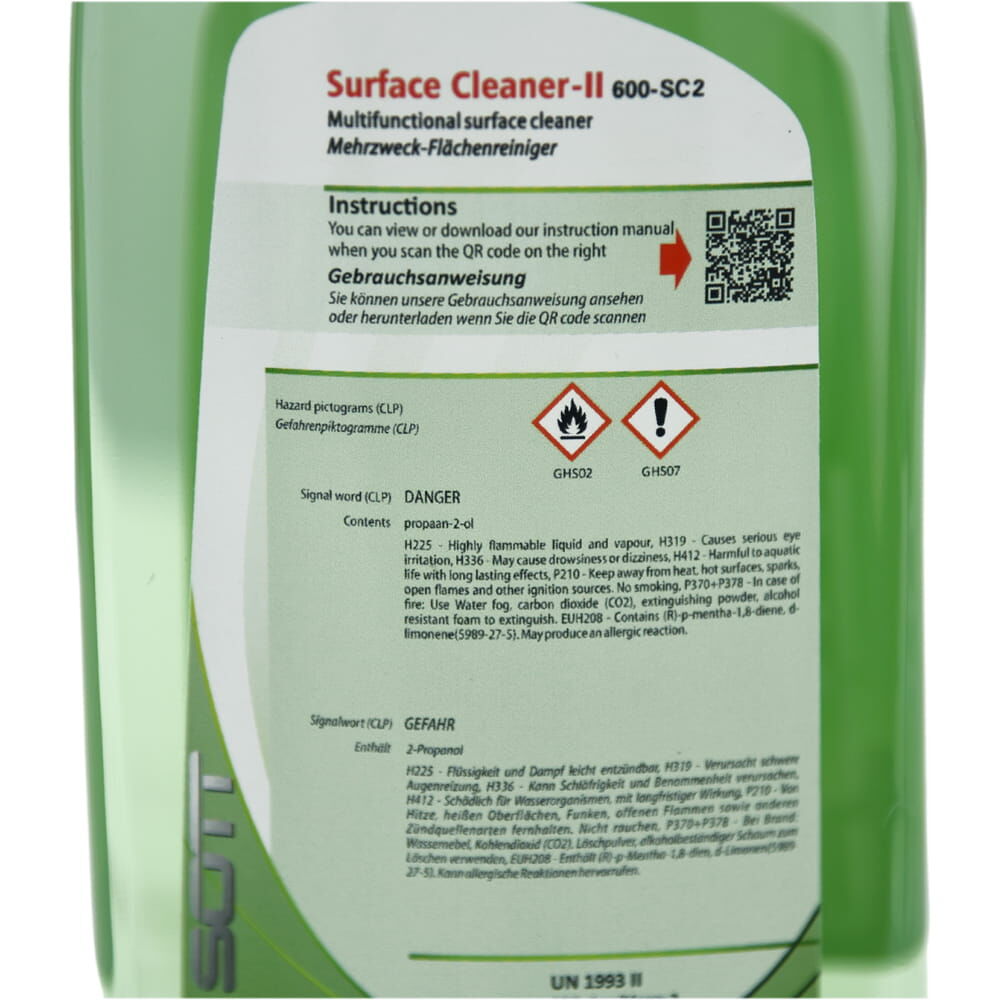 Nahaufnahme des Etiketts mit Gefahrenpiktogrammen von Surface Cleaner-II.