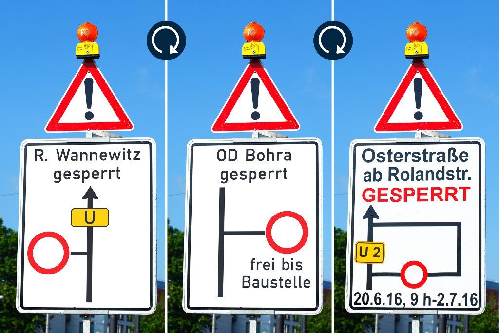 Drei Plantafeln mit unterschiedlichen Umleitungsplänen als Anwendungsbeispiele