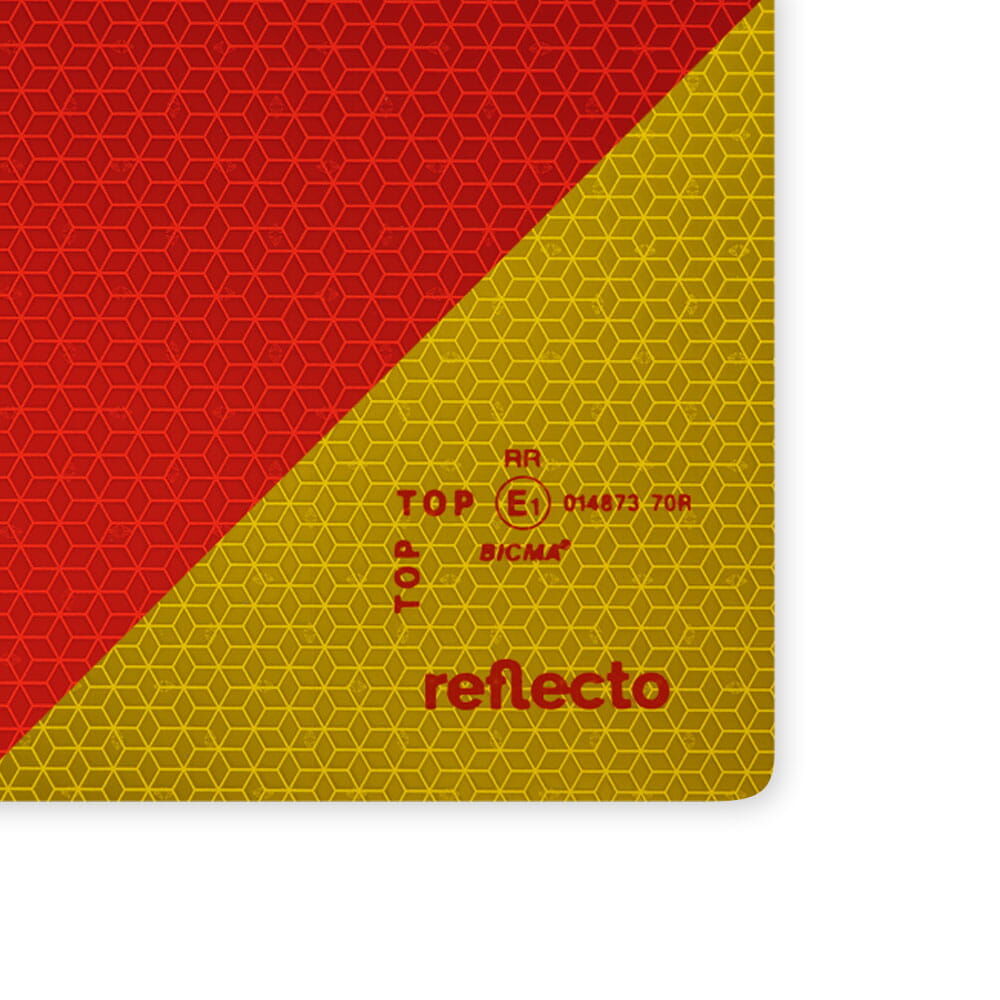 Heckwarntafel ECE 70.01 mit E-Prüfzeichen, gelb-rot reflektierend