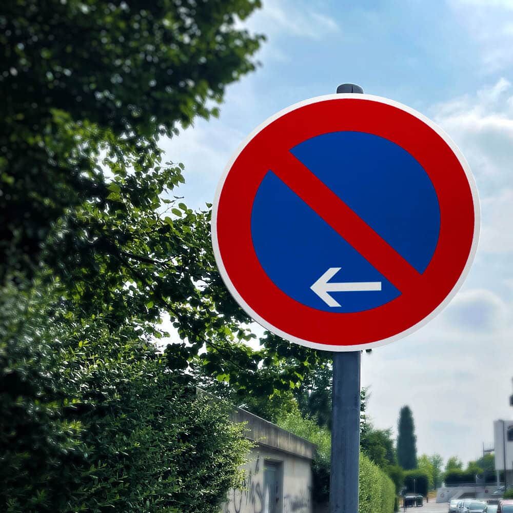 Eingeschränktes Haltverbot an Mast montiert, Bäume im Hintergrund