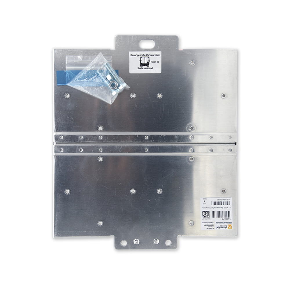 Rückseite der klappbaren Parkwarntafel aus Aluminium, Montageplatte sichtbar