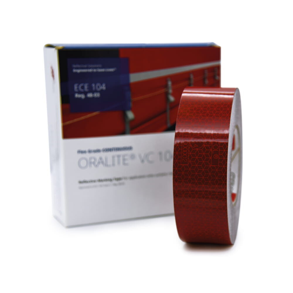 Rolle rotes VC 104+ CG Band vor Original-Orafol-Verpackungsschachtel, 50 m