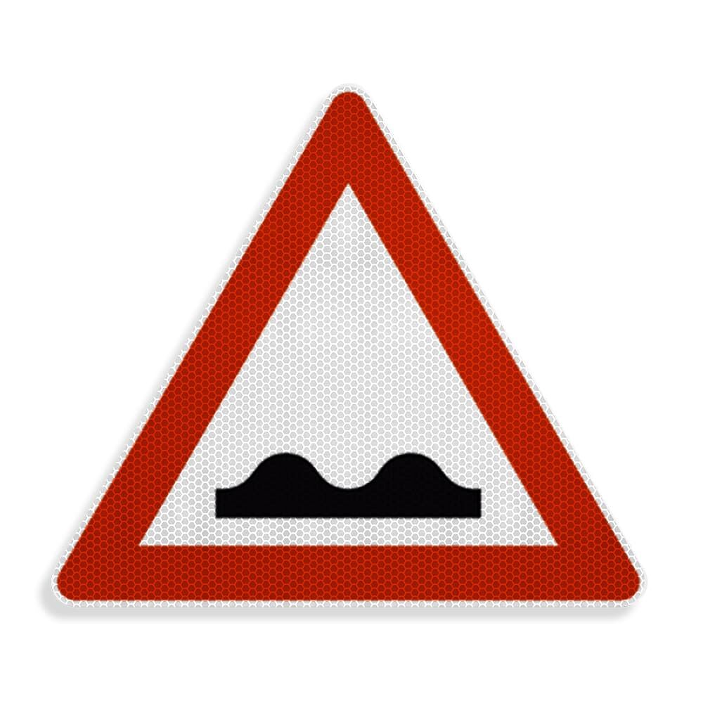 Verkehrszeichen 112 „Unebene Fahrbahn“ – Dreieck, rot-weiß, schwarzes Symbol