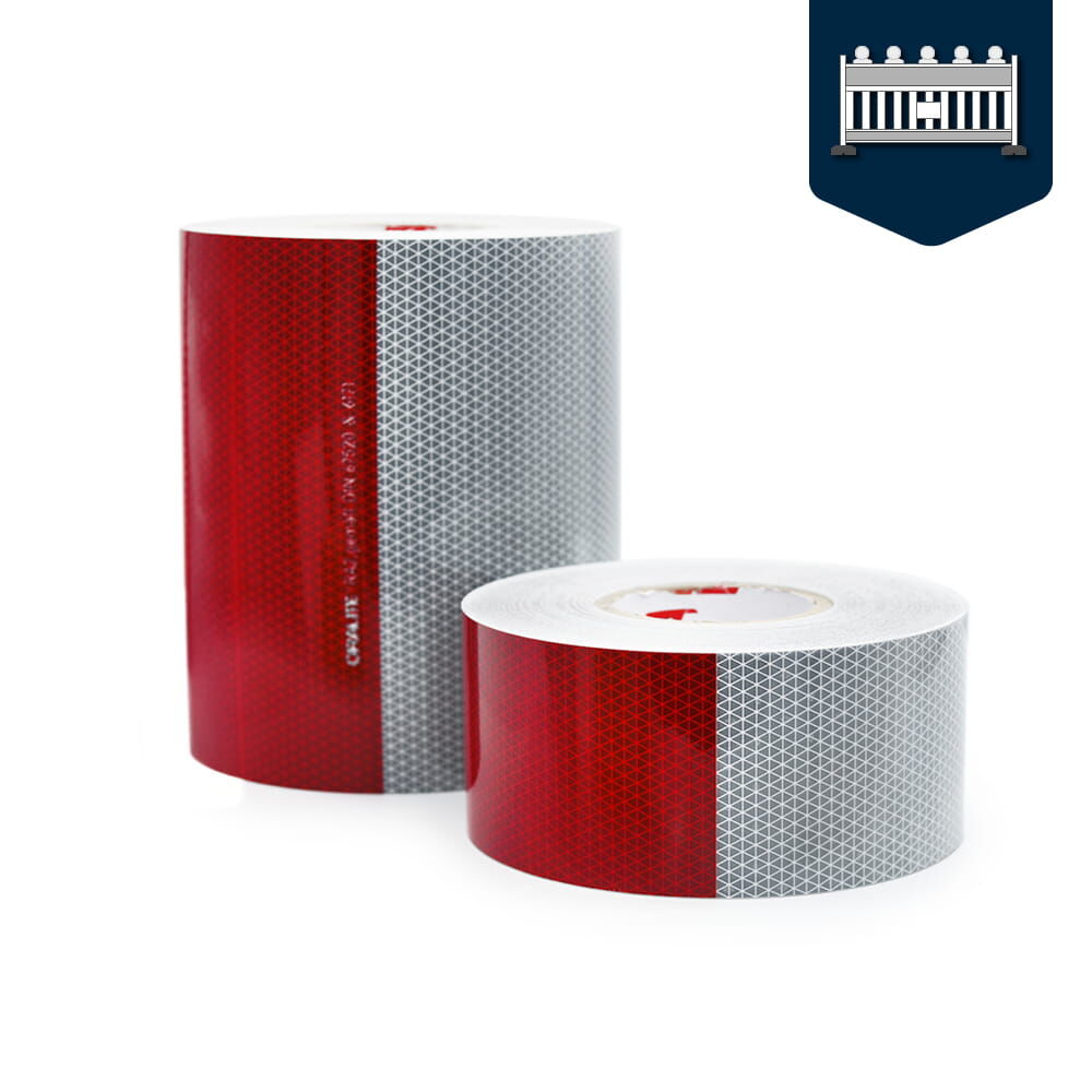 Zwei Rollen Orafol ORALITE 5931M Schrankenfolie RA2 rot/weiß in 100 mm und 250 mm Breite