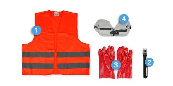 Eine Anordnung von Sicherheitsausrüstung: Eine orange Warnweste mit Reflexstreifen (1), eine Taschenlampe (2), rote Schutzhandschuhe (3) und eine Schutzbrille (4).