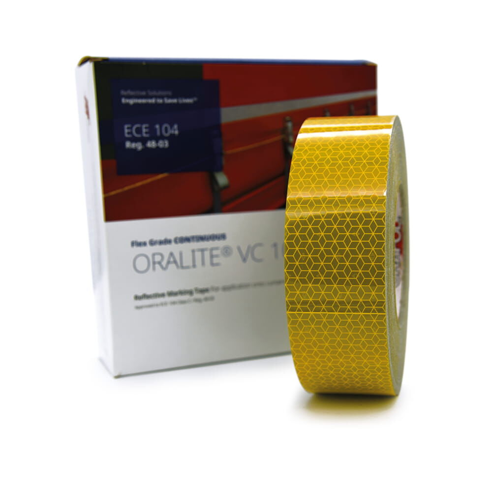 Rolle gelbes VC 104+ CG Band vor Original-Orafol-Verpackungsschachtel, 50 m
