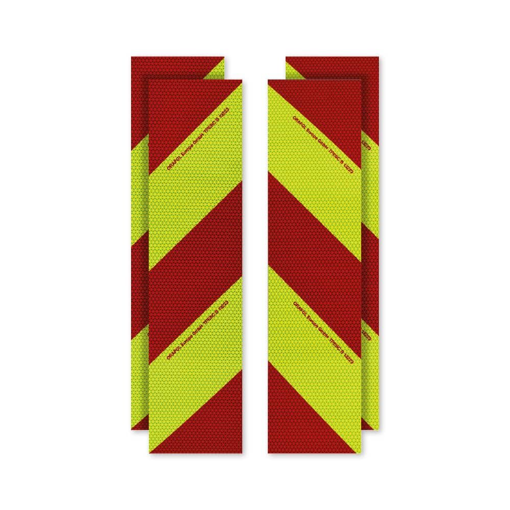 Vier magnetische VC 612 Warnmarkierungs-Zuschnitte, Vorderseite rot-fluorlime