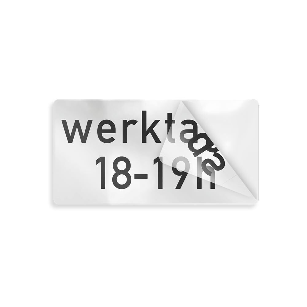 Ablösbares Overlay "werktags 18 - 19 Uhr", Ecke abgezogen