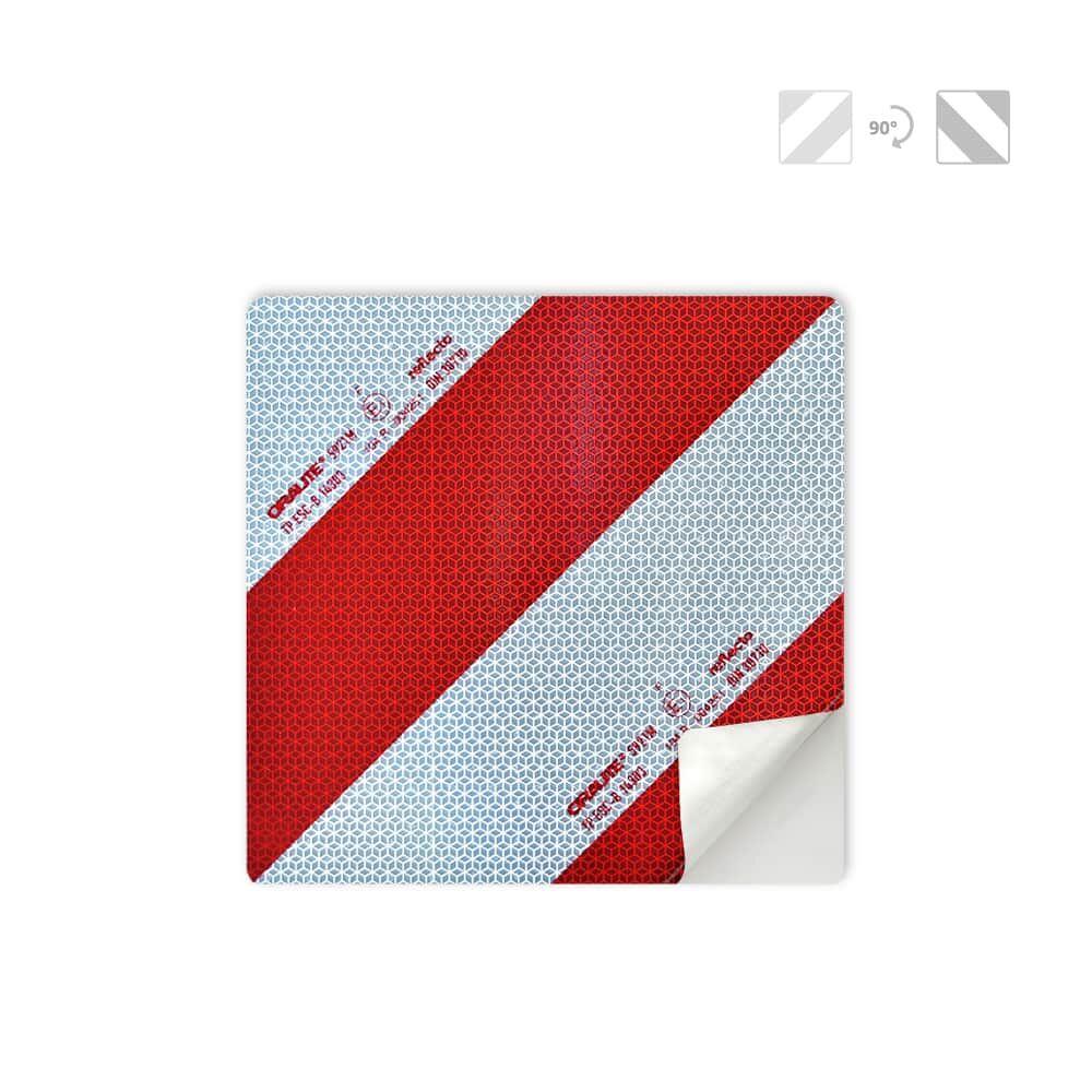 Rot/weiß selbstklebende Reflex-Warntafel für Überlänge/Überbreite, 282x282 mm, Ecke leicht abgelöst