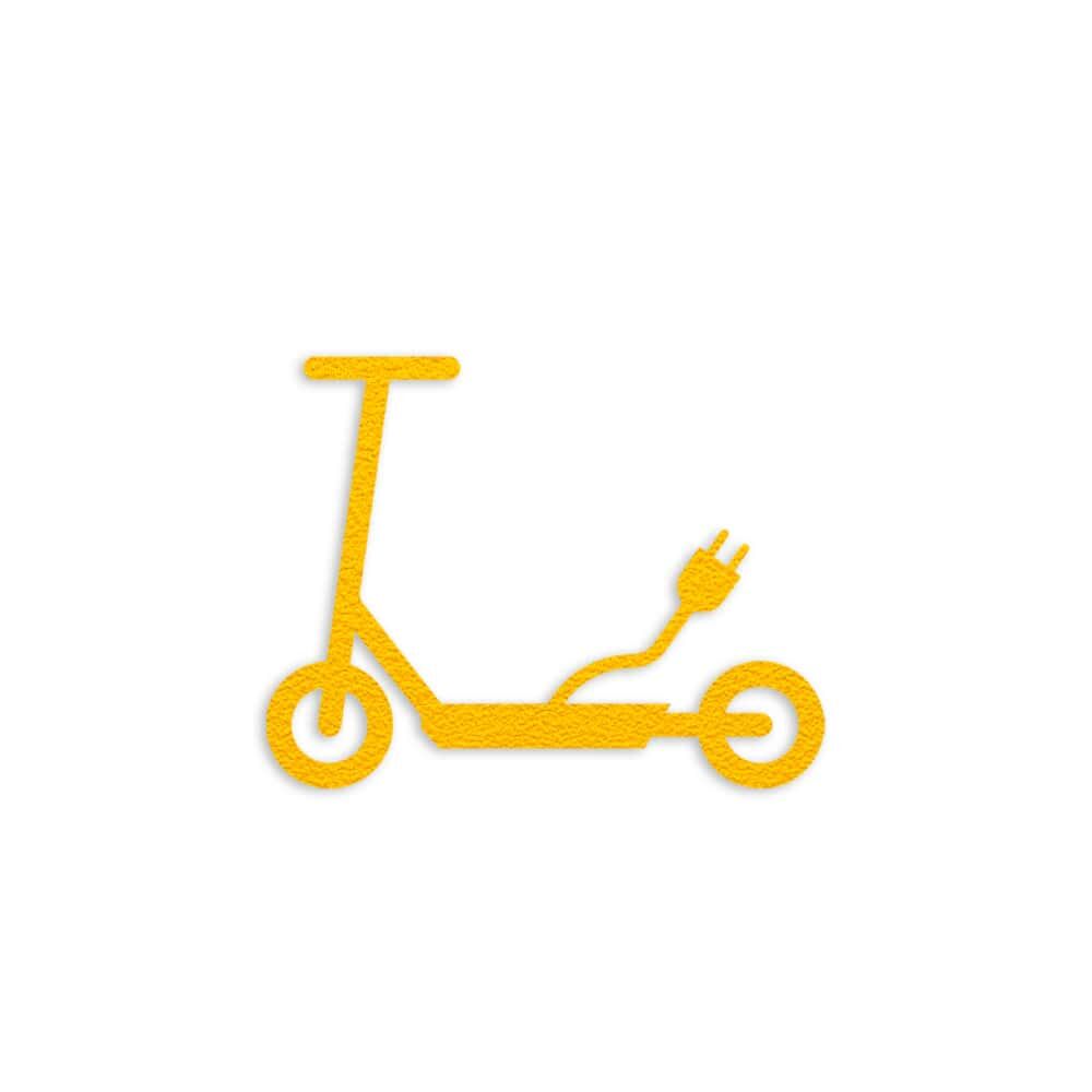 Gelbes Bodenpiktogramm E-Scooter mit Stecker, Ansicht ohne Hintergrund
