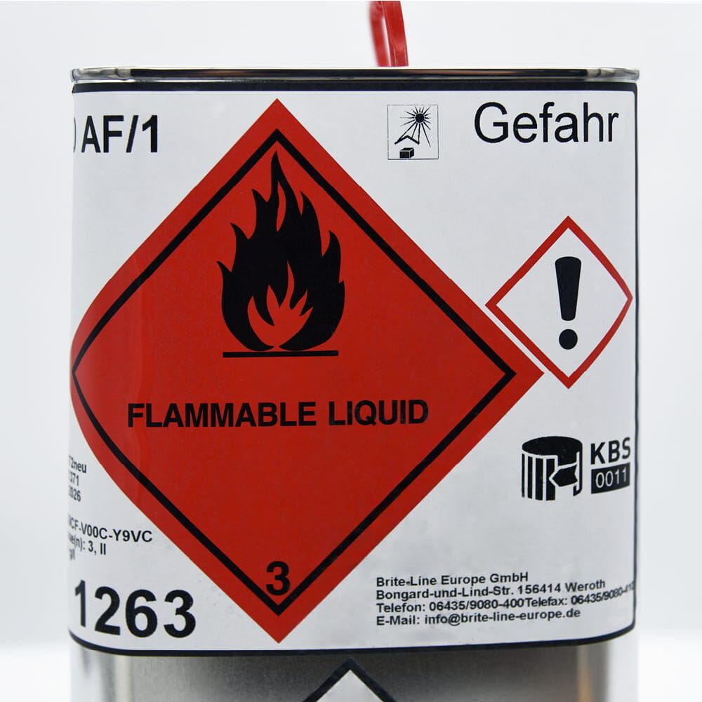 Briteline Primer P20 5 l, Detail Flammable-Liquid und Ausrufe-Piktogramm