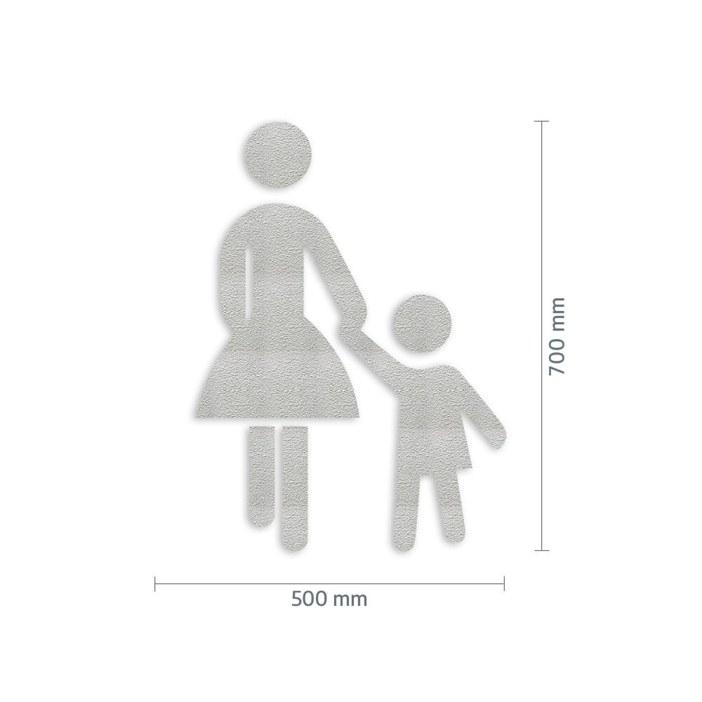Weißes Mutter-Kind Piktogramm mit Bemaßung 700 × 500 mm zur Größenangabe