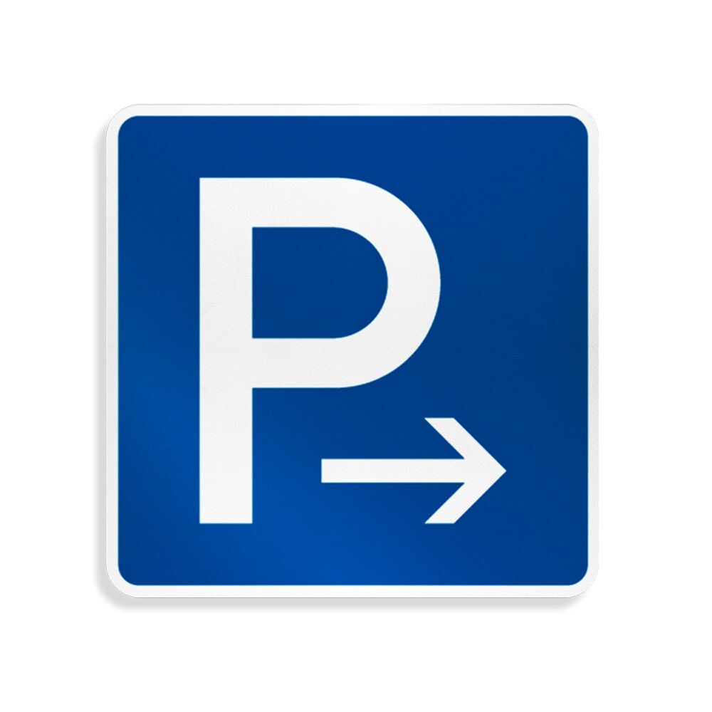 Verkehrszeichen Parkplatz (P) mit Pfeil nach rechts, blau/weiß