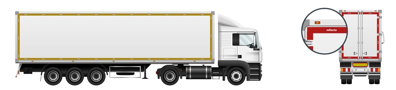 Ein weißer LKW mit Kühlauflieger, seitlich gelbe Konturmarkierungen und am Heck rote Konturmarkierungen sowie eine Detailansicht der Hecktürmarkierung.