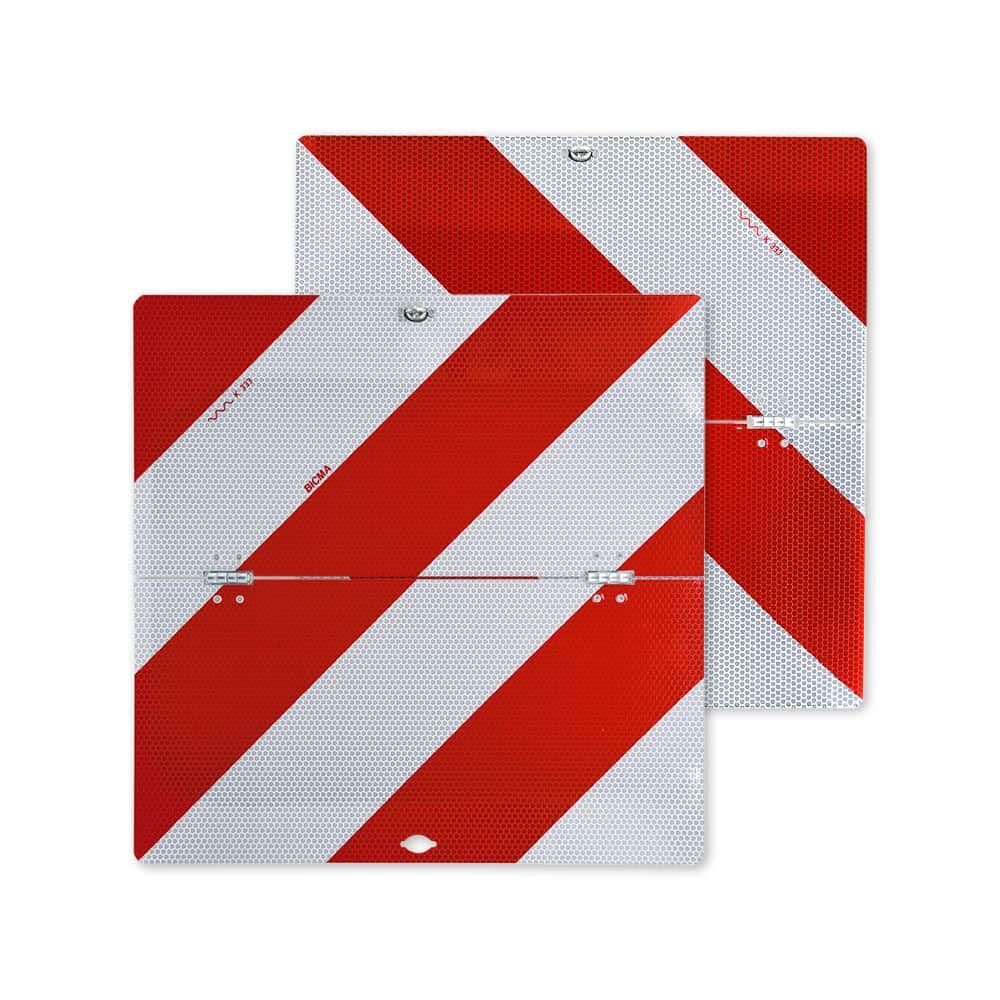 Zwei klappbare rot-weiße Warntafeln mit diagonalen Streifen übereinander angeordnet
