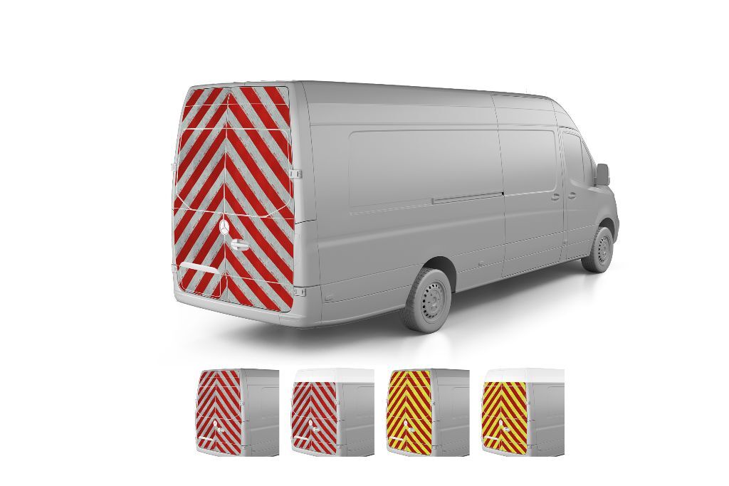 Mercedes Sprinter, Baujahr 2018, Heckwarnmarkierung mit Variantenvorschau der Farben und Höhen