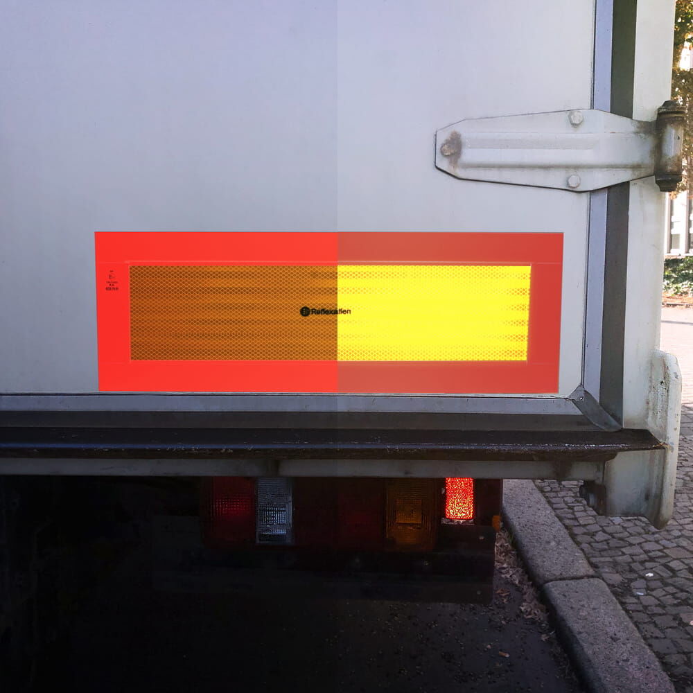 Reflexallen Halbmarkierung rot-gelb am Heck des Aufliegers montiert, erhöhte Sichtbarkeit