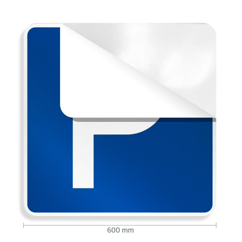 Parkschild „P“ mit abgezogener Ecke, zeigt selbstklebende Rückseite, 600 mm