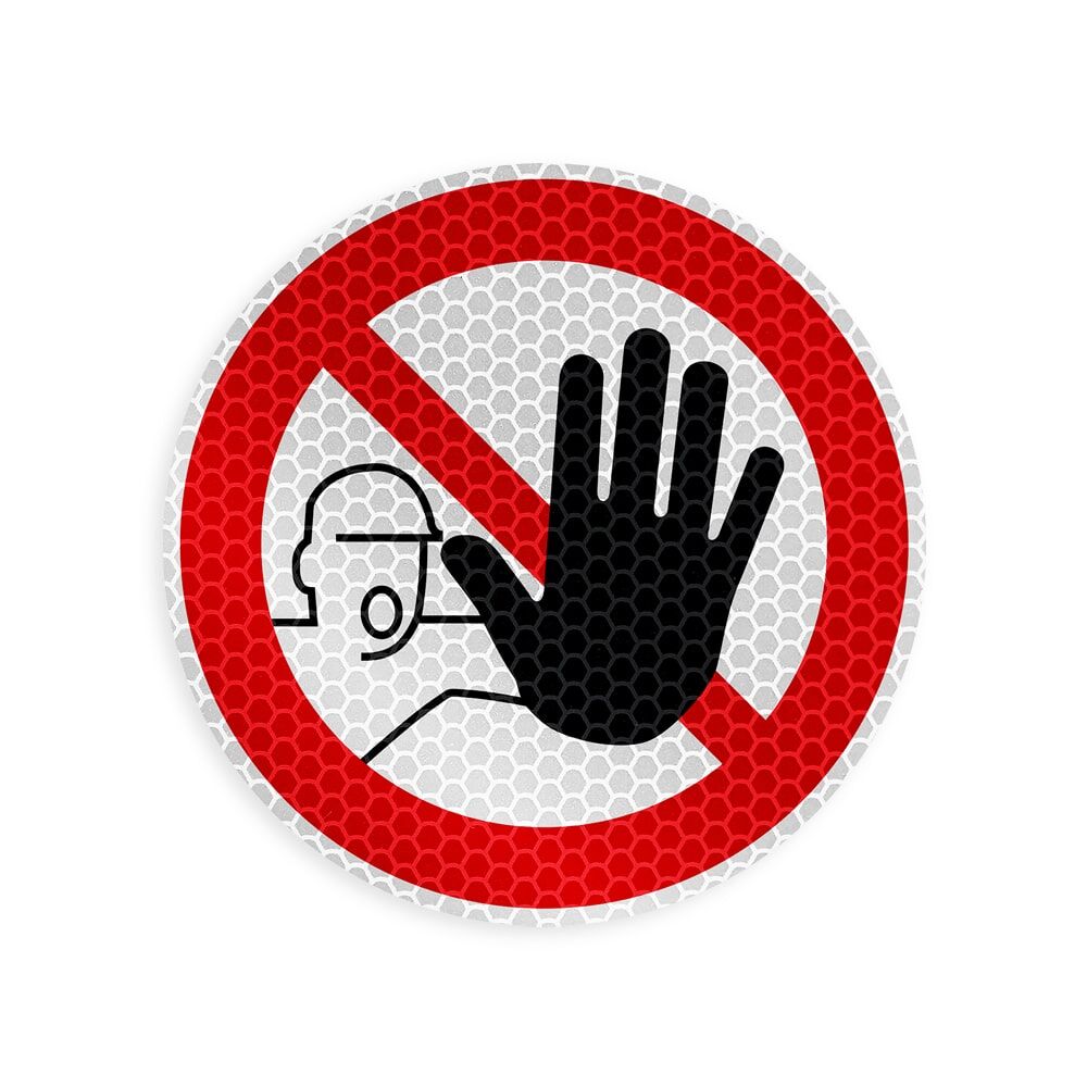 Reflektierender Aufkleber „Zutritt verboten“, rund, Ø 10 cm, mit Hand- und Personensymbol