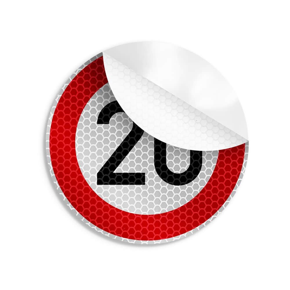 Tempo-20-Aufkleber mit abgezogener Ecke zeigt selbstklebende Rückseite