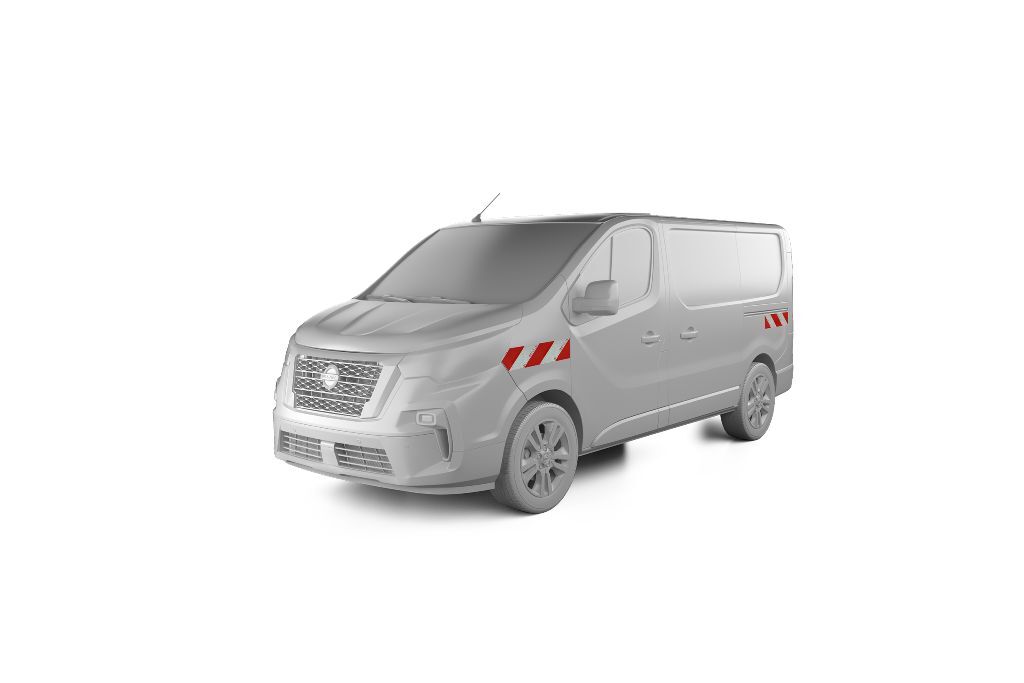 Nissan Primastar mit Hecktür, ausgestattet mit Seitenwarnmarkierung, Baujahr 2021
