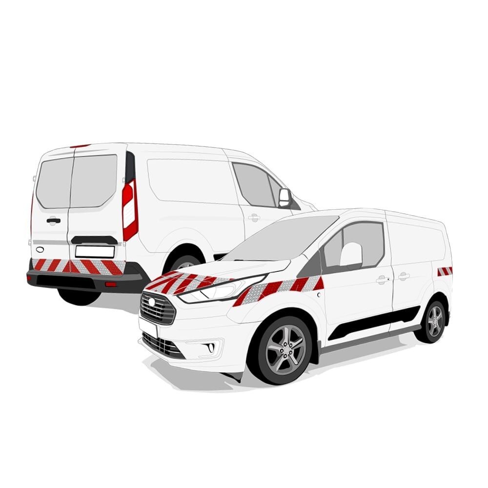 Ford Transit Connect in Front- und Heckansicht mit Komplettwarnmarkierungssatz, Baujahr 2018