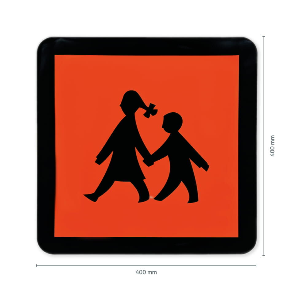 Schulbusschild 400 × 400 mm mit Schulweg-Motiv auf orangem Hintergrund