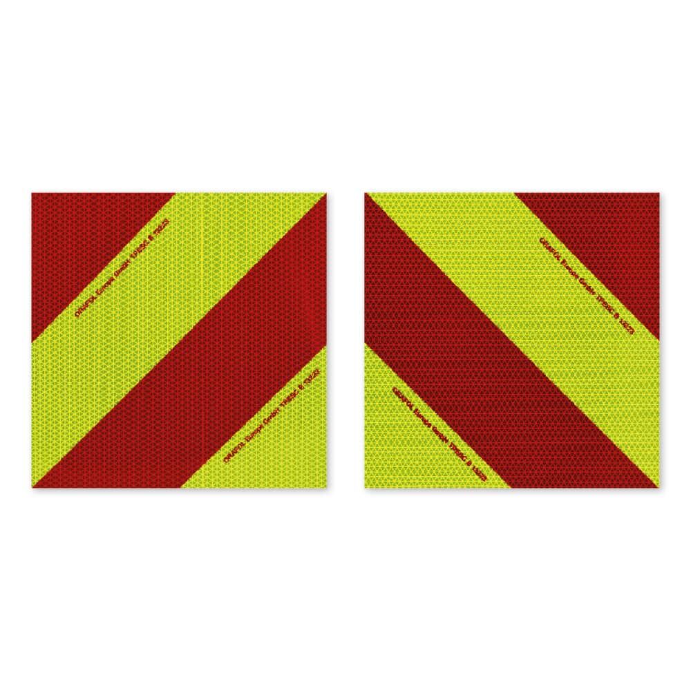 Zwei magnetische VC 612 Warnmarkierungs-Zuschnitte, Vorderseite rot-fluorlime