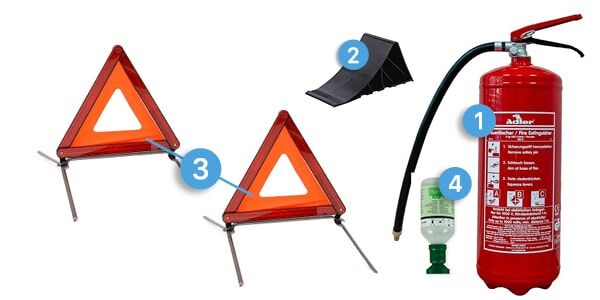 Eine Anordnung von Sicherheitsausrüstung: Zwei Warndreiecke (3), ein Unterlegkeil (2), ein Feuerlöscher (1) und eine Augenspülflasche (4).