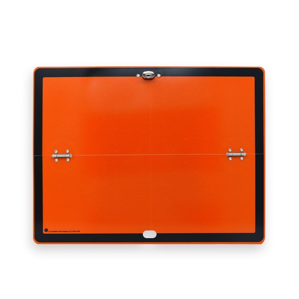 Vorderseite der orangefarbenen horizontal klappbaren ADR-Stahltafel