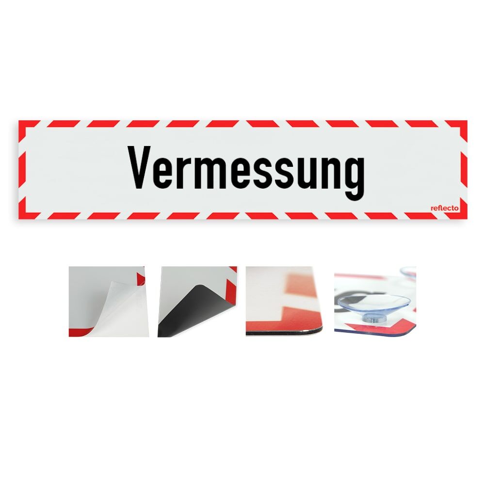 Hinweisschild „Vermessung“ mit rot-weißem Rahmen, Variantenübersicht