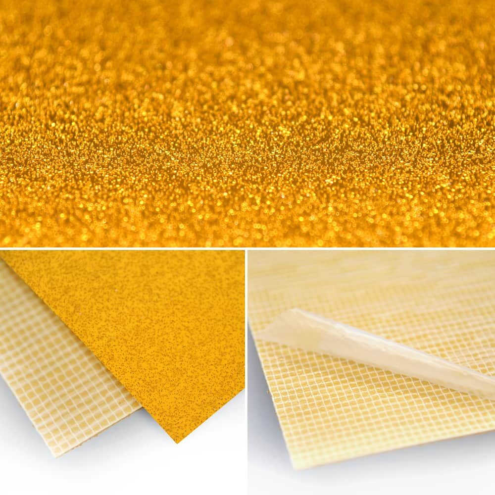 Detail-Collage der Fahrbahnmarkierungsfolie: Textur, Kantenansicht und strukturierte Rückseite