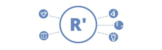 Rückstrahlwert Ein Symbol „R‘“ im Kreis in der Mitte, umgeben von fünf kleineren blauen Icons, die durch punktierte Linien verbunden sind.