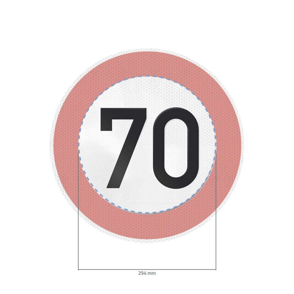 Overlay Verkehrszeichen 70 km/h mit Maßangabe Durchmesser 294 mm