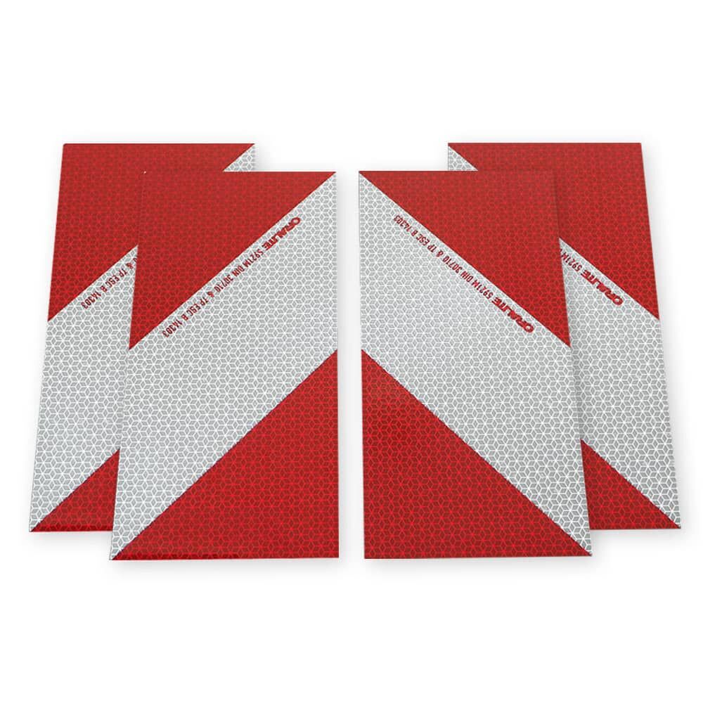 Vier Orafol 5921M Zuschnitte, 282 × 141 mm, diagonal geteilt rot-weiß, Vorderseite.