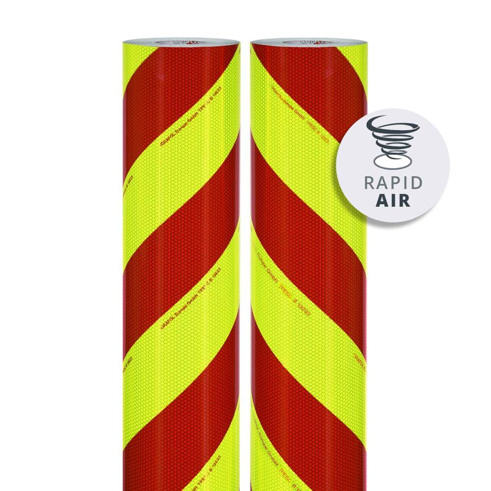 Zwei Rollen ORALITE VC 612RA RapidAir Warnfolie rot-gelb diagonal
