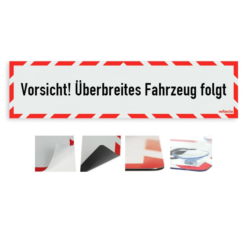 Hinweisschild „Vorsicht! Überbreites Fahrzeug folgt“ mit rot-weißem Rahmen, Variantenübersicht