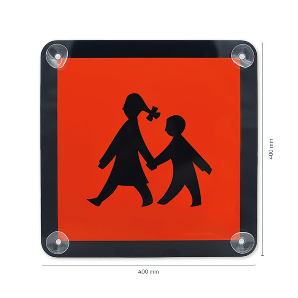 Schulbusschild 400 × 400 mm mit Saugnäpfen, orange Fläche mit Schulkinder-Symbol