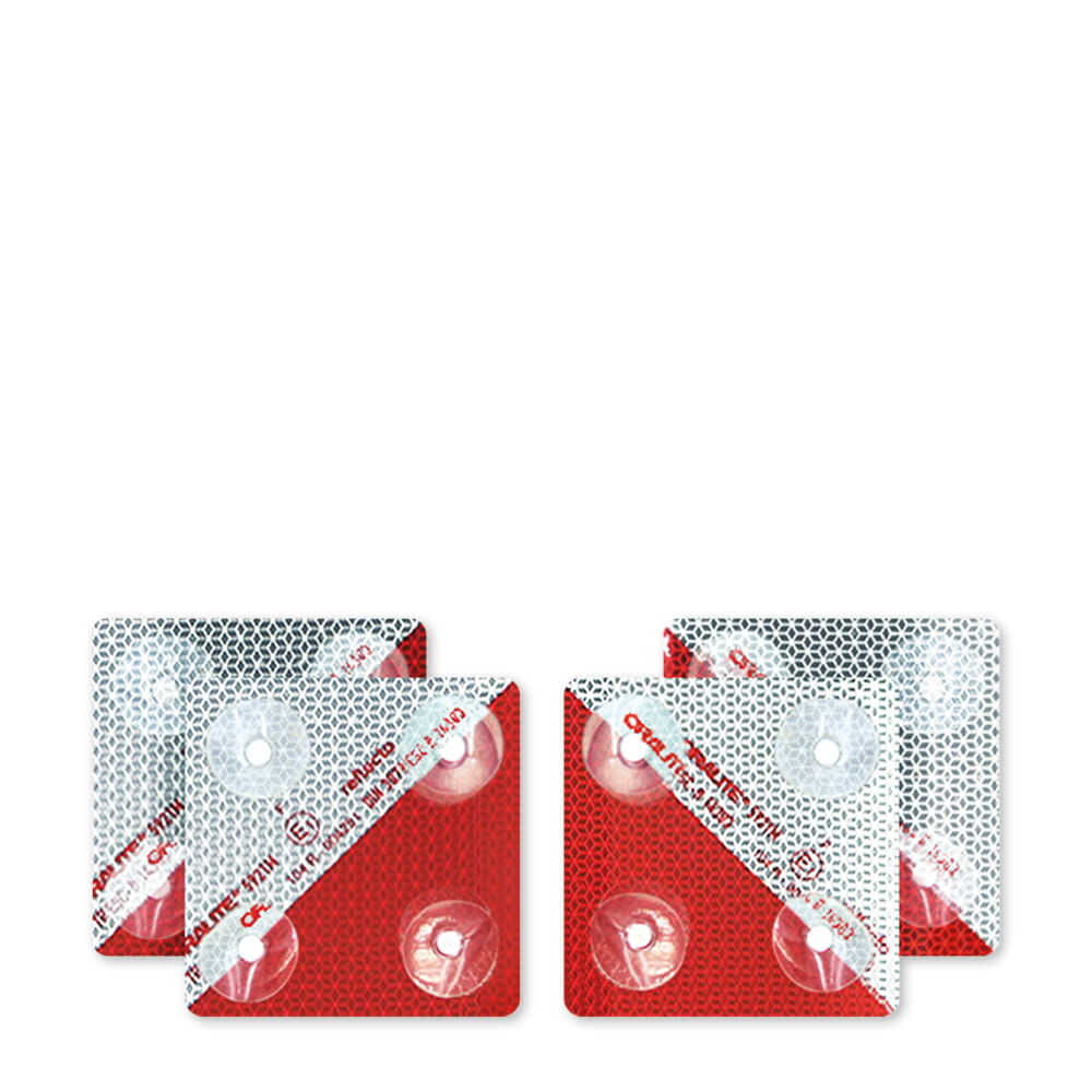 Vier Reflecto 5921M Warnmarkierungselemente mit rot-weißer RA2-Folie und Saugnapfbefestigung