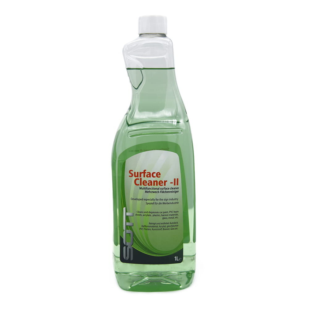 Vorderansicht: grüne 1-L-Flasche „SOTT Surface Cleaner-II“ mit Etikett.