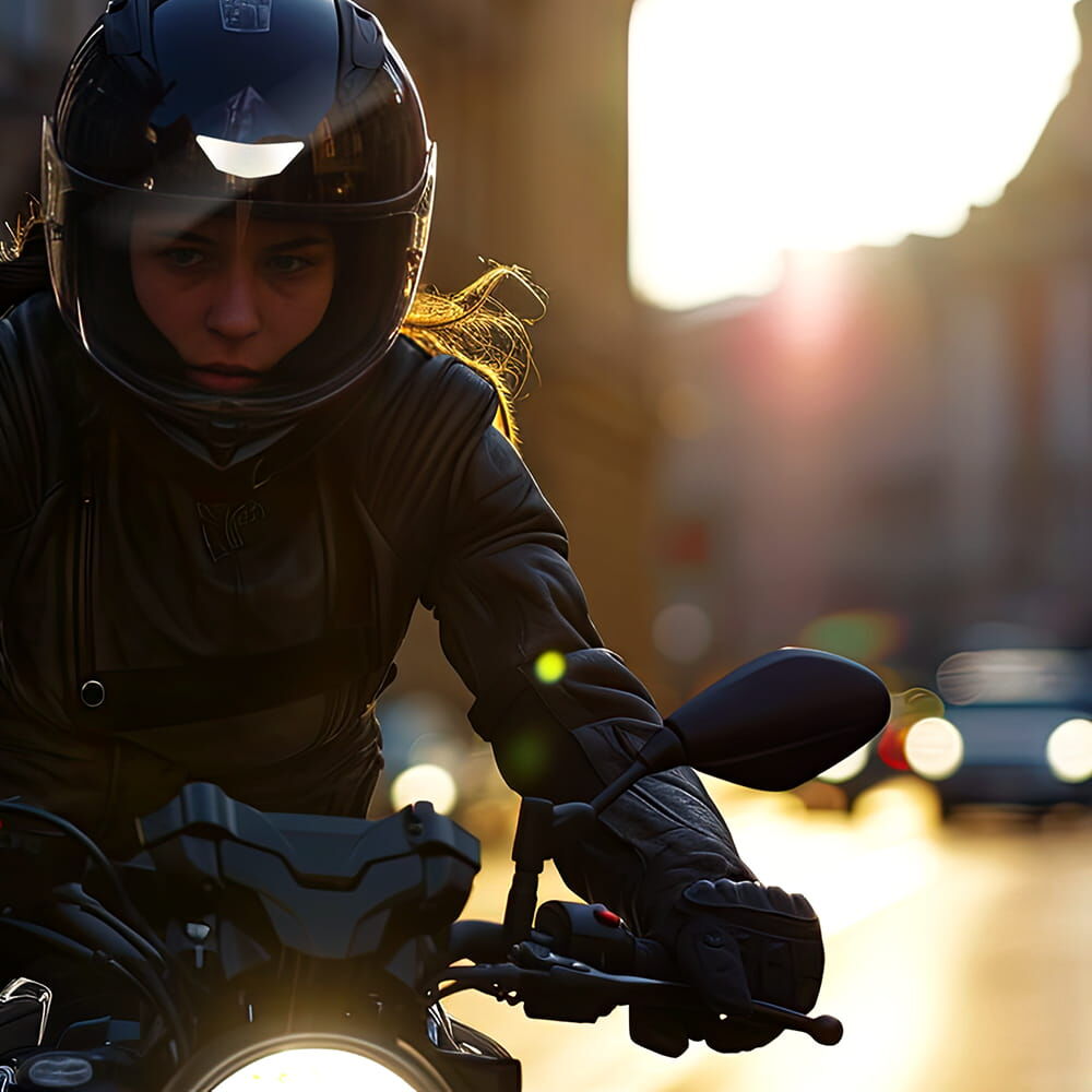 Motorradfahrerin mit weißem Reflexsticker auf Helm für bessere Sichtbarkeit
