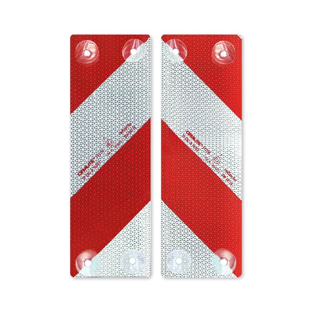 Zwei Reflecto 5921M Warnmarkierungselemente mit rot-weißer RA2-Folie und Saugnapfbefestigung