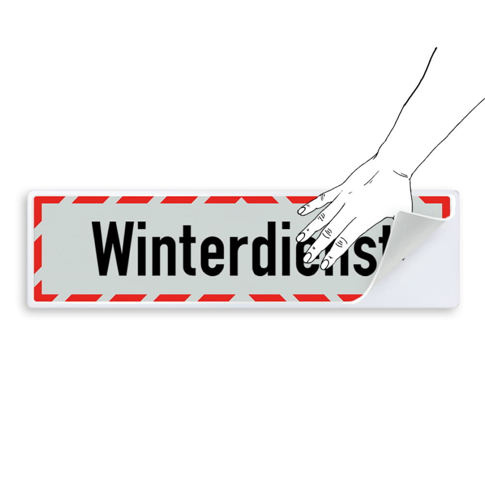 Hand platziert Winterdienst-Schild auf Aufbewahrungsträger 800 x 200 mm, selbsthaftend
