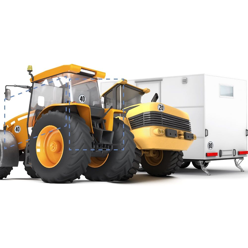 Anbringungsbeispiele: Traktor, Bagger und Wohnwagen mit Geschwindigkeitsschildern 20, 40 und 80 km/h
