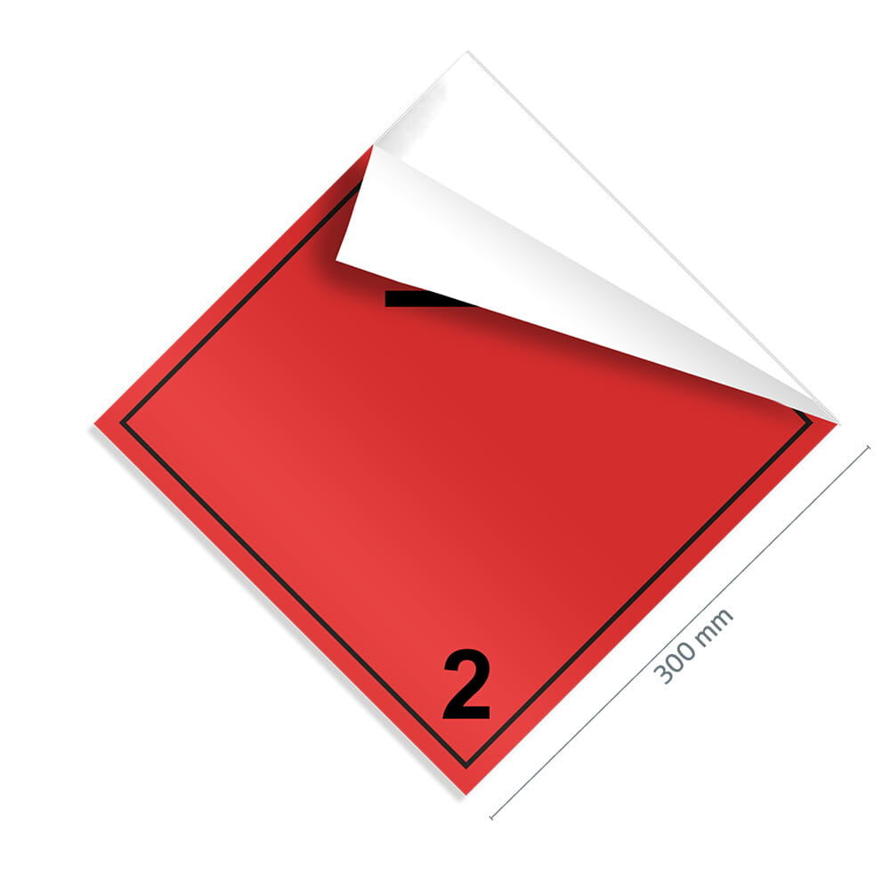 Gefahrgutzettel Klasse 2.1, 300×300 mm, Ecke gelöst zeigt flexible Klebefolie